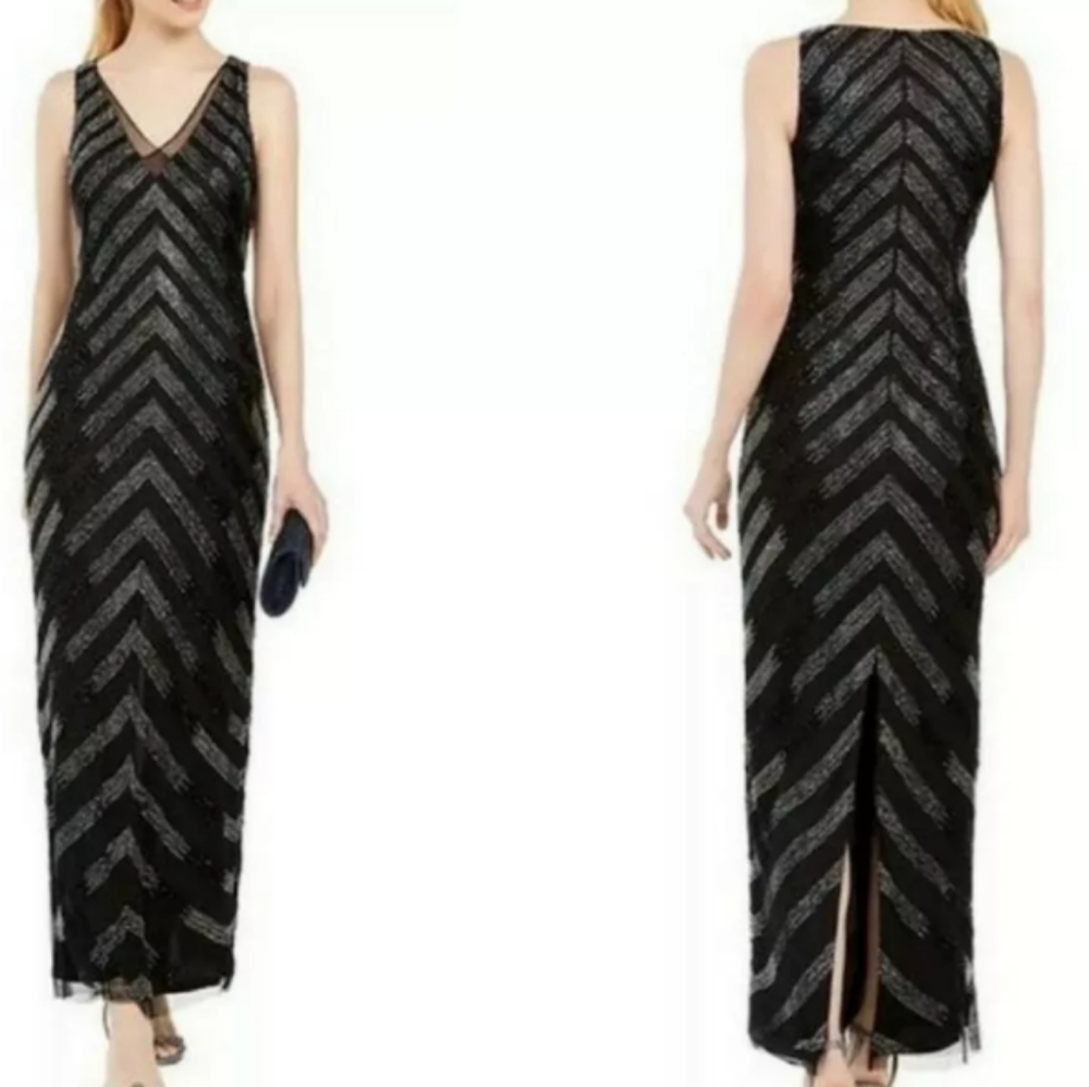 Adrianna Papell Embellished V Neck Beaded Black Column Formal Dress